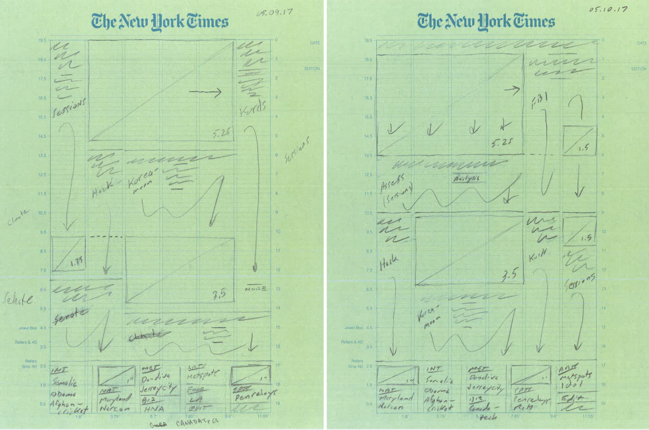 Sketches of front page layouts by Tom Bodkin — from Magazeum